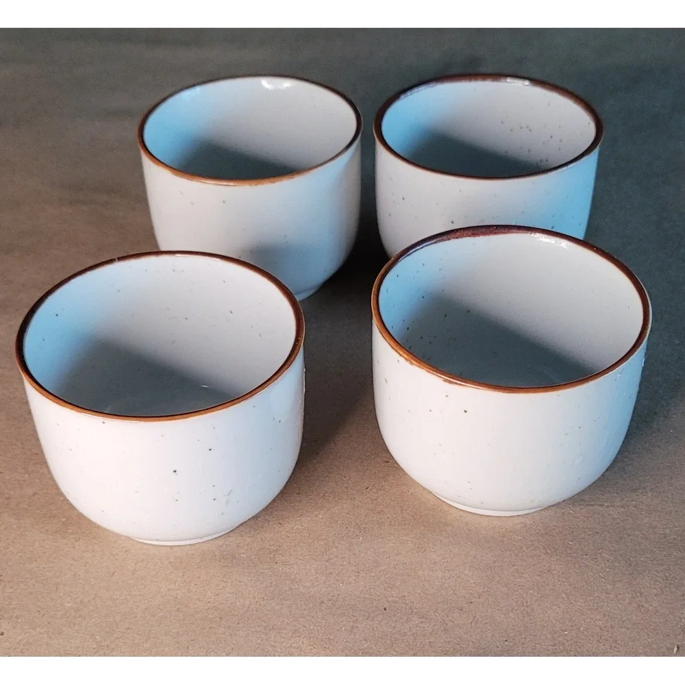 Vintage 70s Handgemalt Tea Cup Set of 4 Ceramic Cream‎ Green Brown Bamboo
